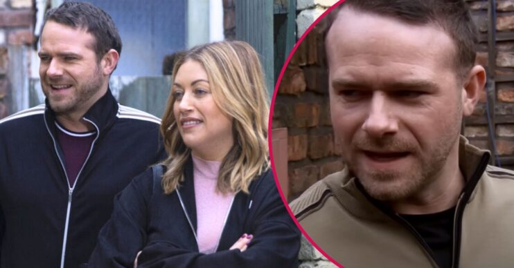 Mick and Lou smiling on Coronation Street; inset, Mick looking shady (Credit: ITV/Composite: ED!)