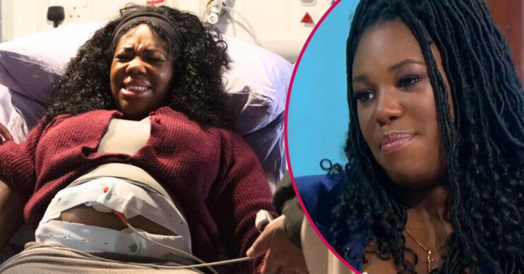 Dee-Dee looks pained as she gives birth on Coronation Street; inset, Channique Sterling-Brown in an interview (Credit: ITV/Composite: ED!)