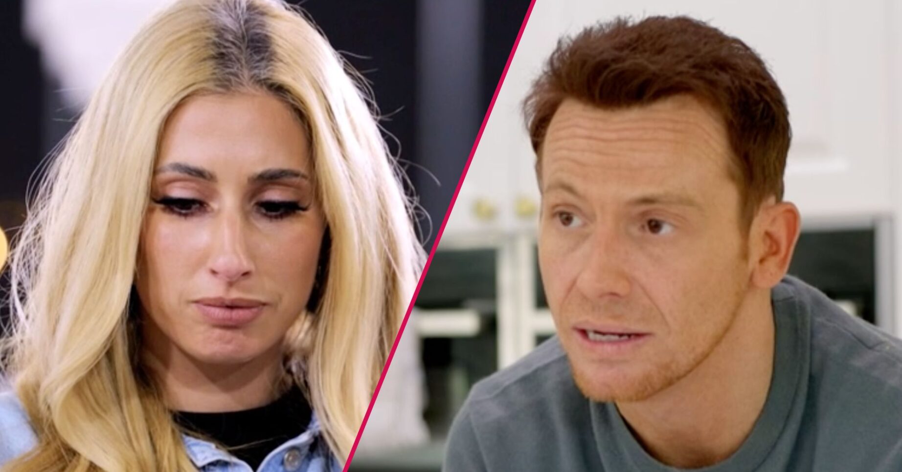 Stacey Solomon looks downwards, Joe Swash makes his point