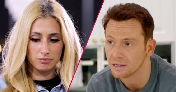 Stacey Solomon looks downwards, Joe Swash makes his point