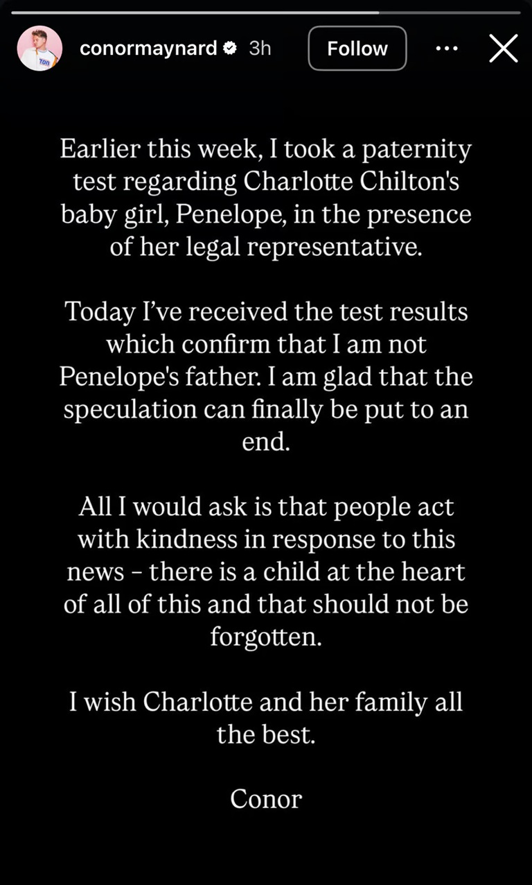 Conor Maynard Instagram statement