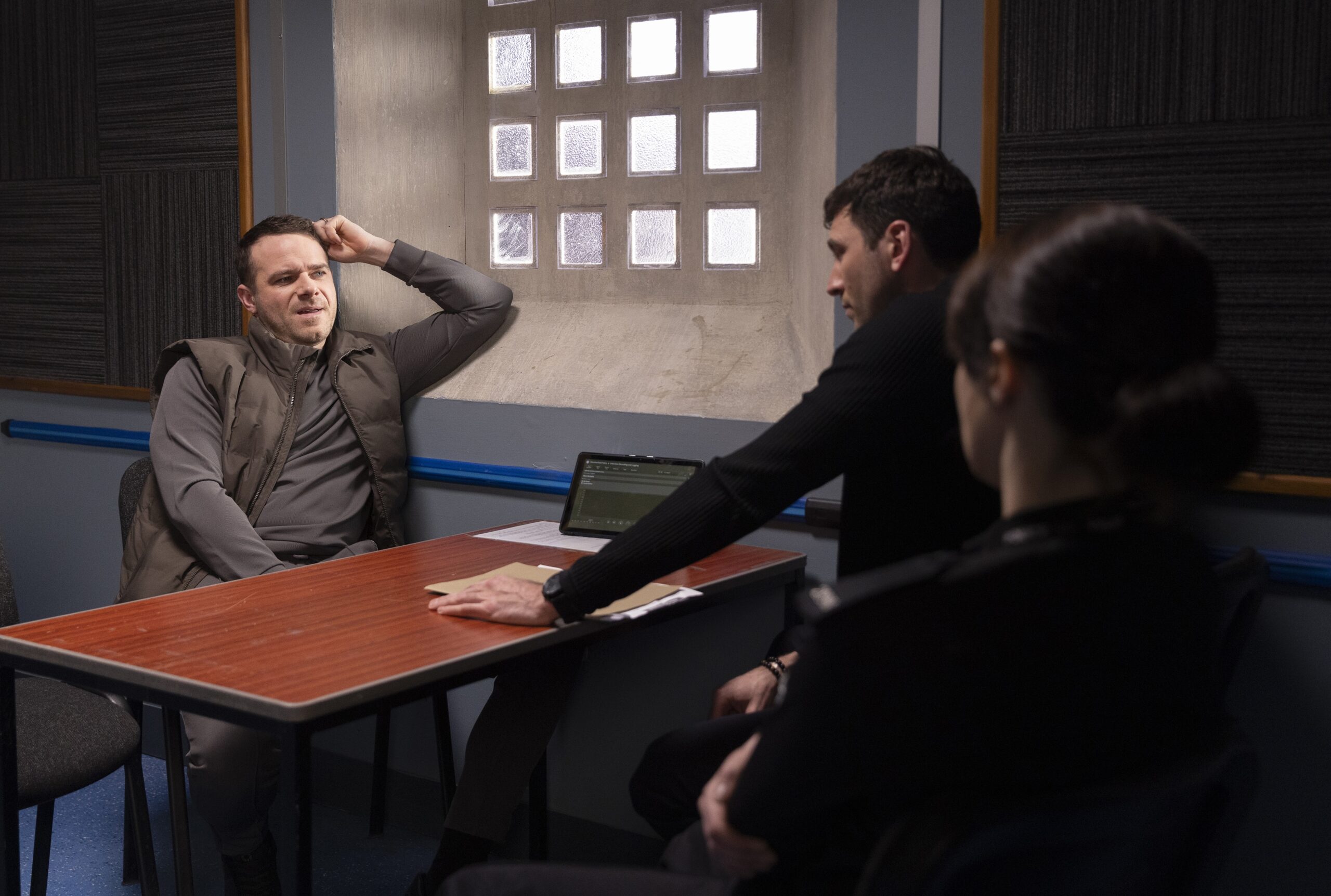 Coronation Street's Mick being questioned by Kit at the police station