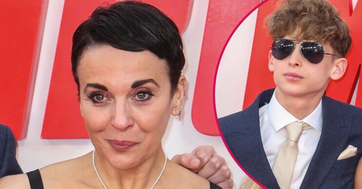 Amanda Abbington smiles, her son wears sunglasses