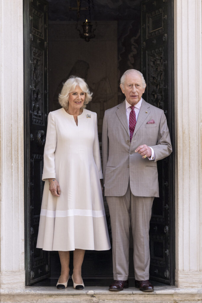 Queen Camilla and King Charles standing side by side in Italy