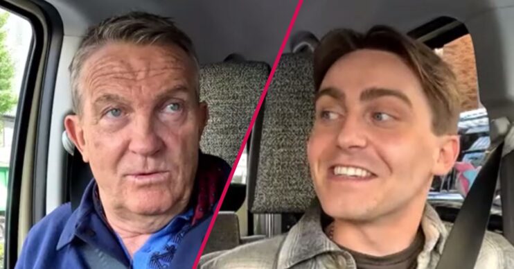 Breaking Dad star Bradley Walsh looks unsure, his son Barney Walsh smiles