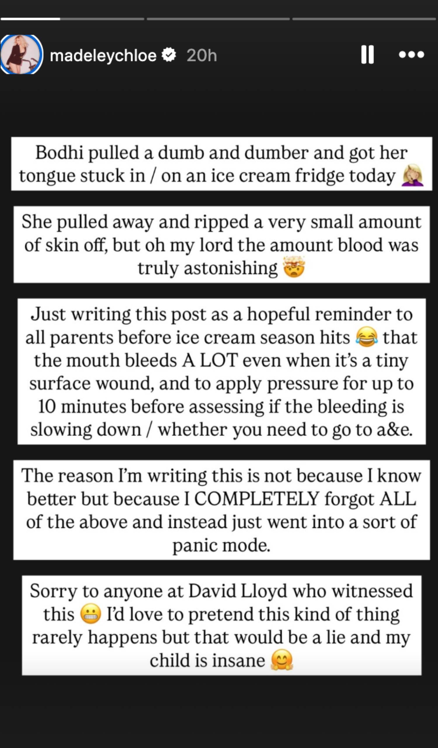 Chloe Madeley posts about her daughter in an Instagram Story