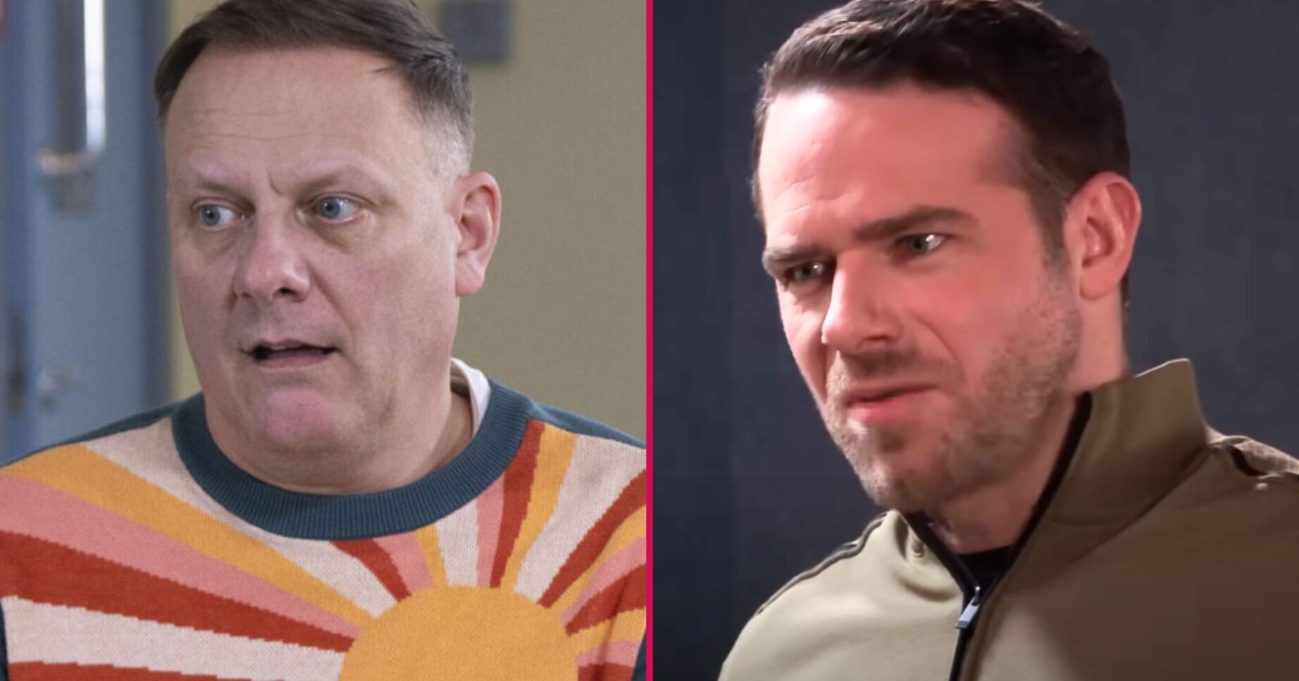 Composite image of Mick and Sean on Corrie; Mick looks menacing, Sean is scared (Credit: ITV/Composite: ED!)