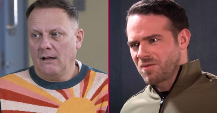 Composite image of Mick and Sean on Corrie; Mick looks menacing, Sean is scared (Credit: ITV/Composite: ED!)
