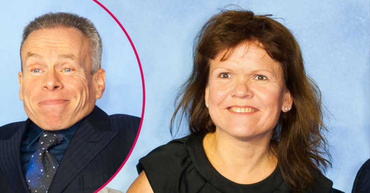 Warwick Davis inset and wife Sammy main smiling