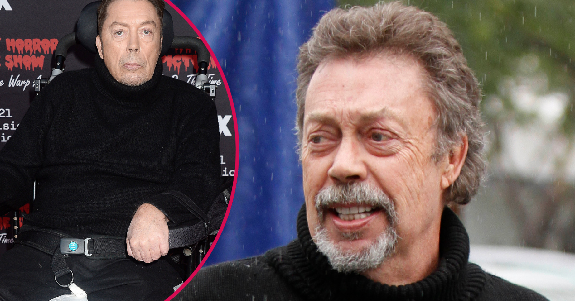 Tim Curry in a wheelchair and smiling