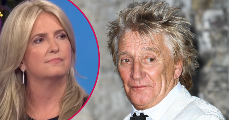 Penny Lancaster looking sad and Rod Stewart in a white jacket