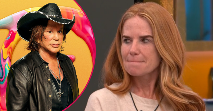 Patsy Palmer looking annoyed and Mickey Rourke inset