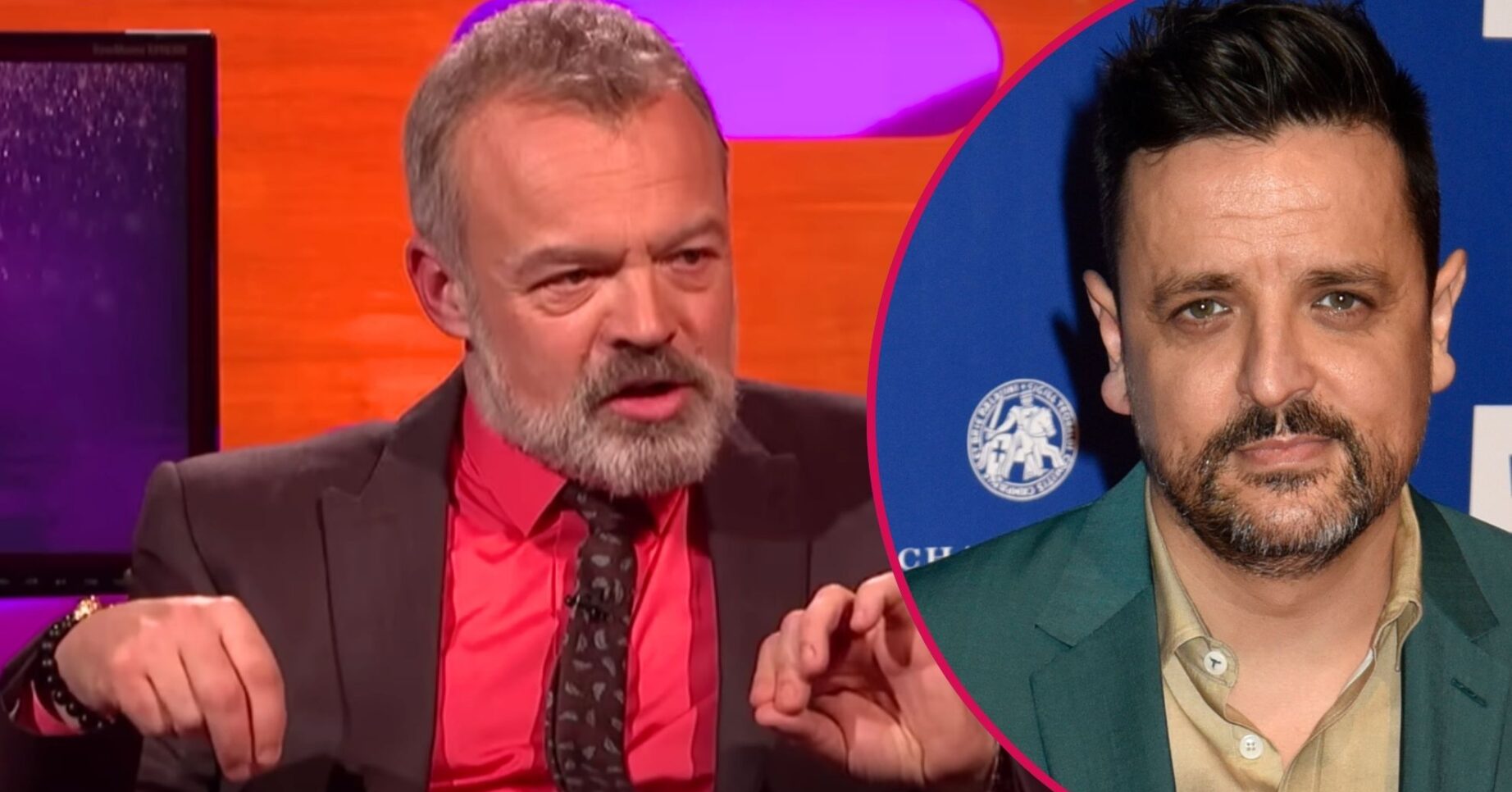 Graham Norton looks serious, Jono McLeod looks at the camera
