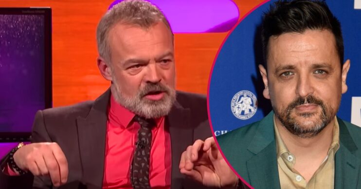 Graham Norton looks serious, Jono McLeod looks at the camera