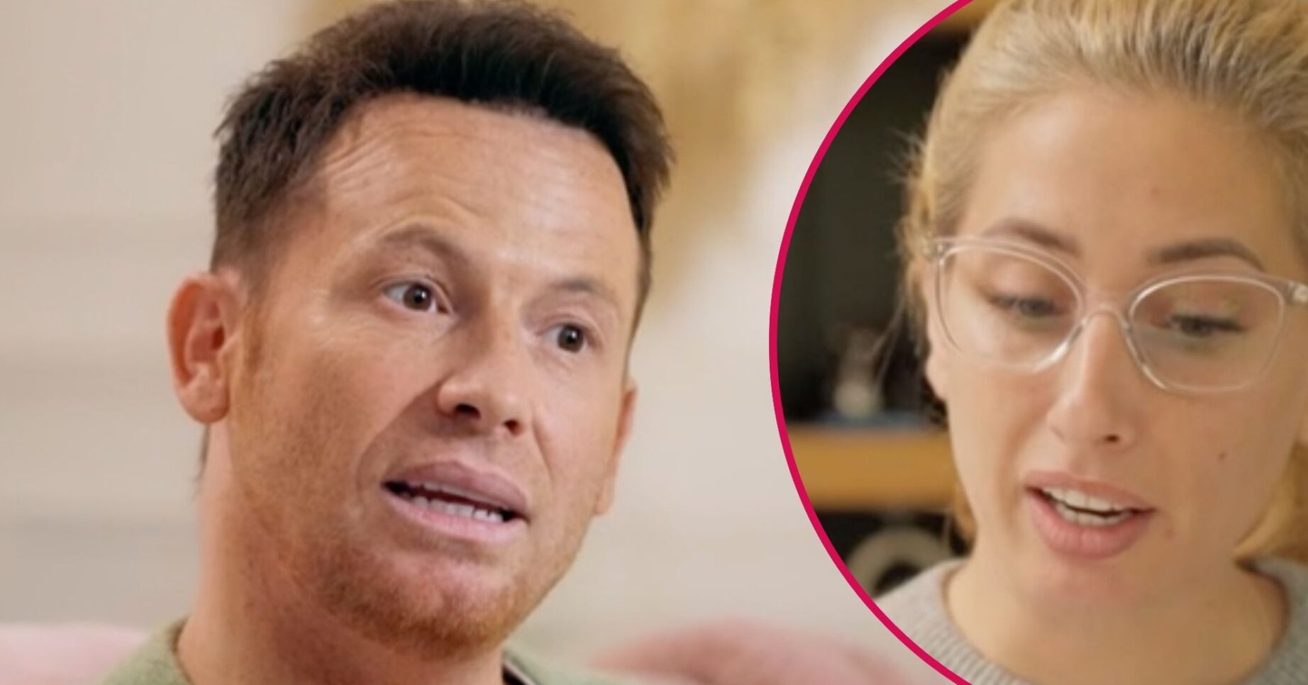 Joe Swash speaks seriously, Stacey Solomon looks downwards