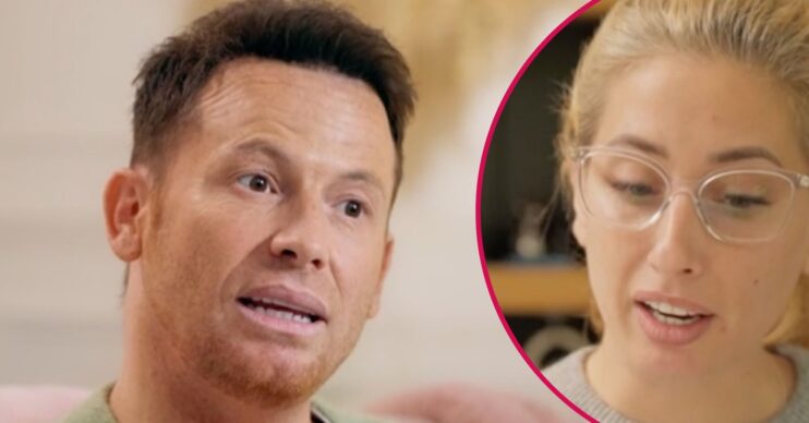 Joe Swash speaks seriously, Stacey Solomon looks downwards