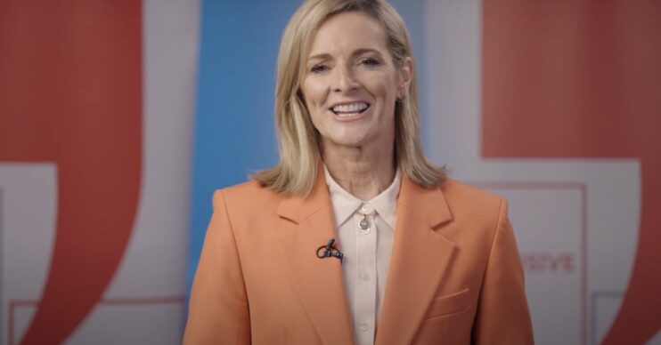 Gabby Logan in an orange suit jacket
