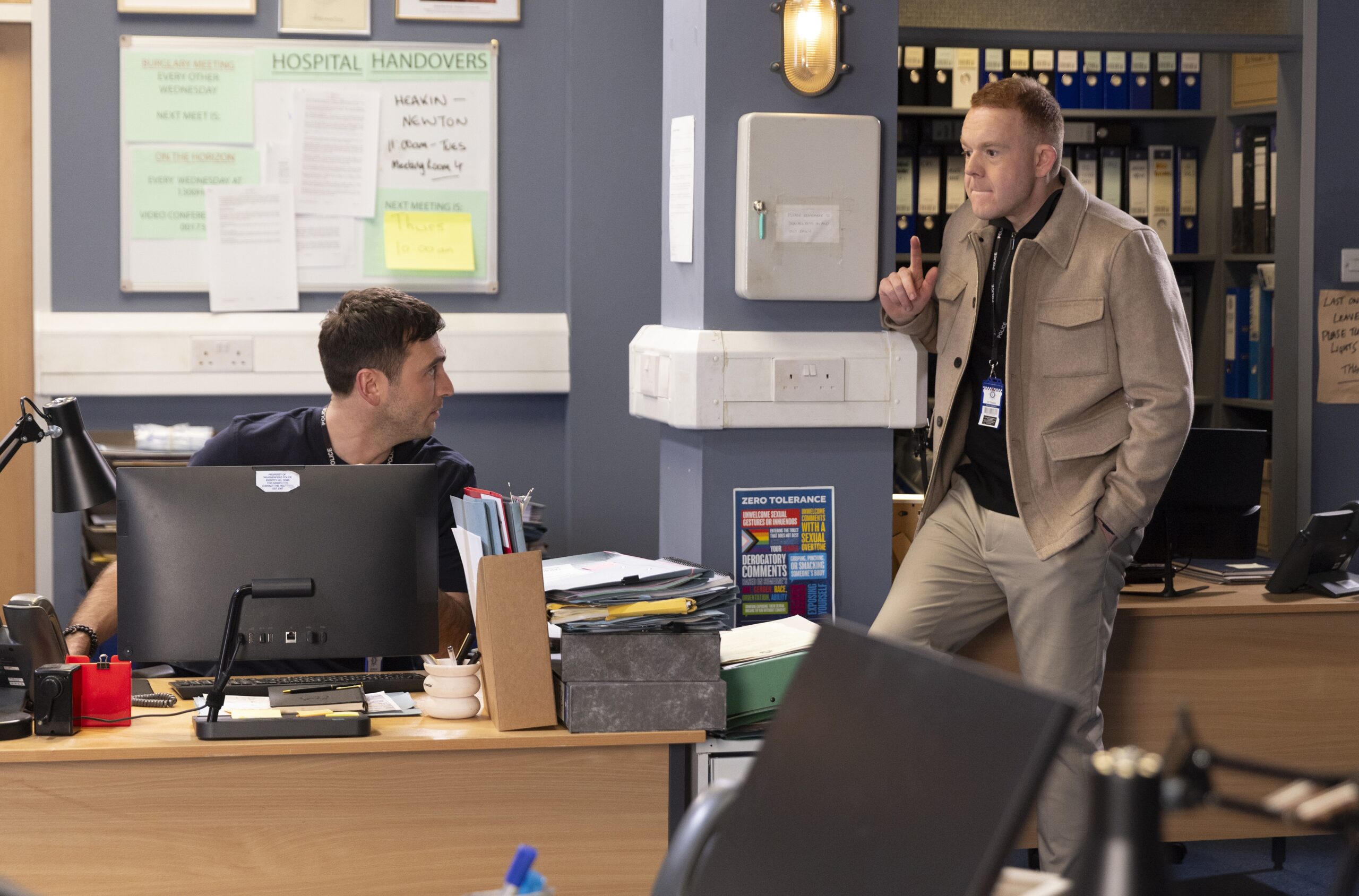 Coronation Street's Kit and Craig talking at the station