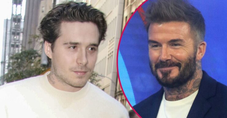 Brooklyn Beckham and David Beckham both smile