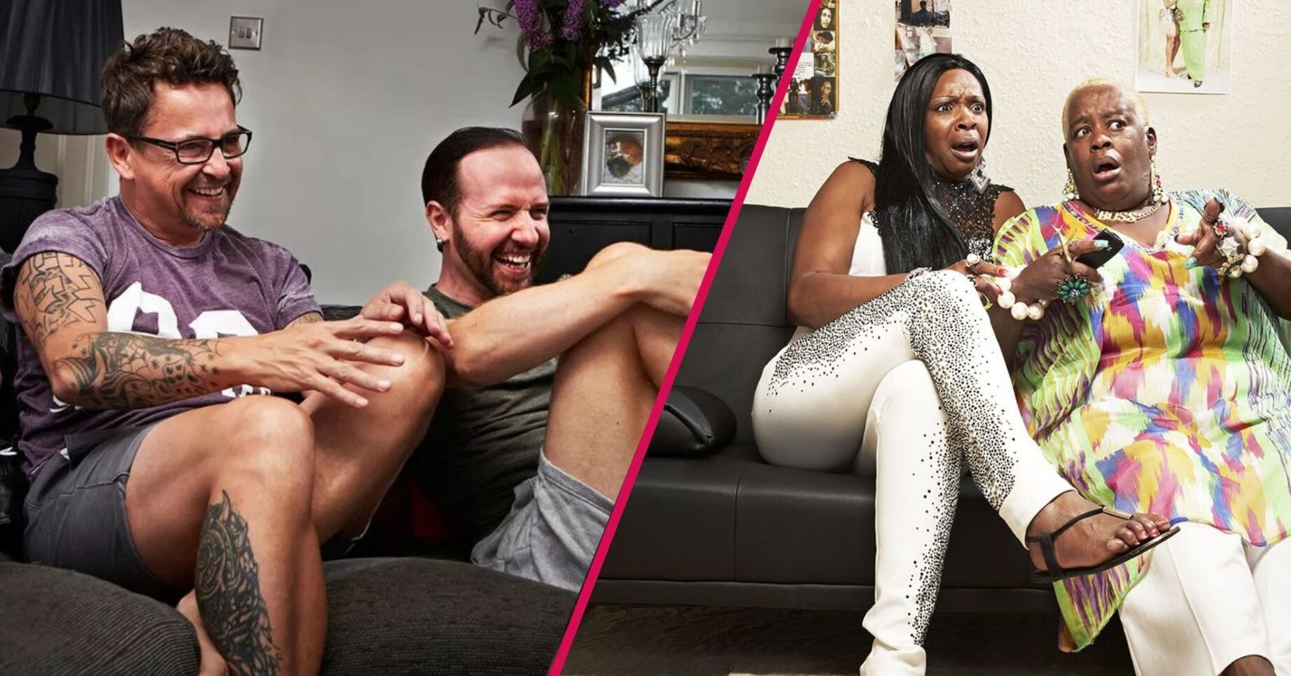 Stephen Webb and Chris Ashby-Steed smiling / Sandra Martin and Sandi Bogle from Gogglebox