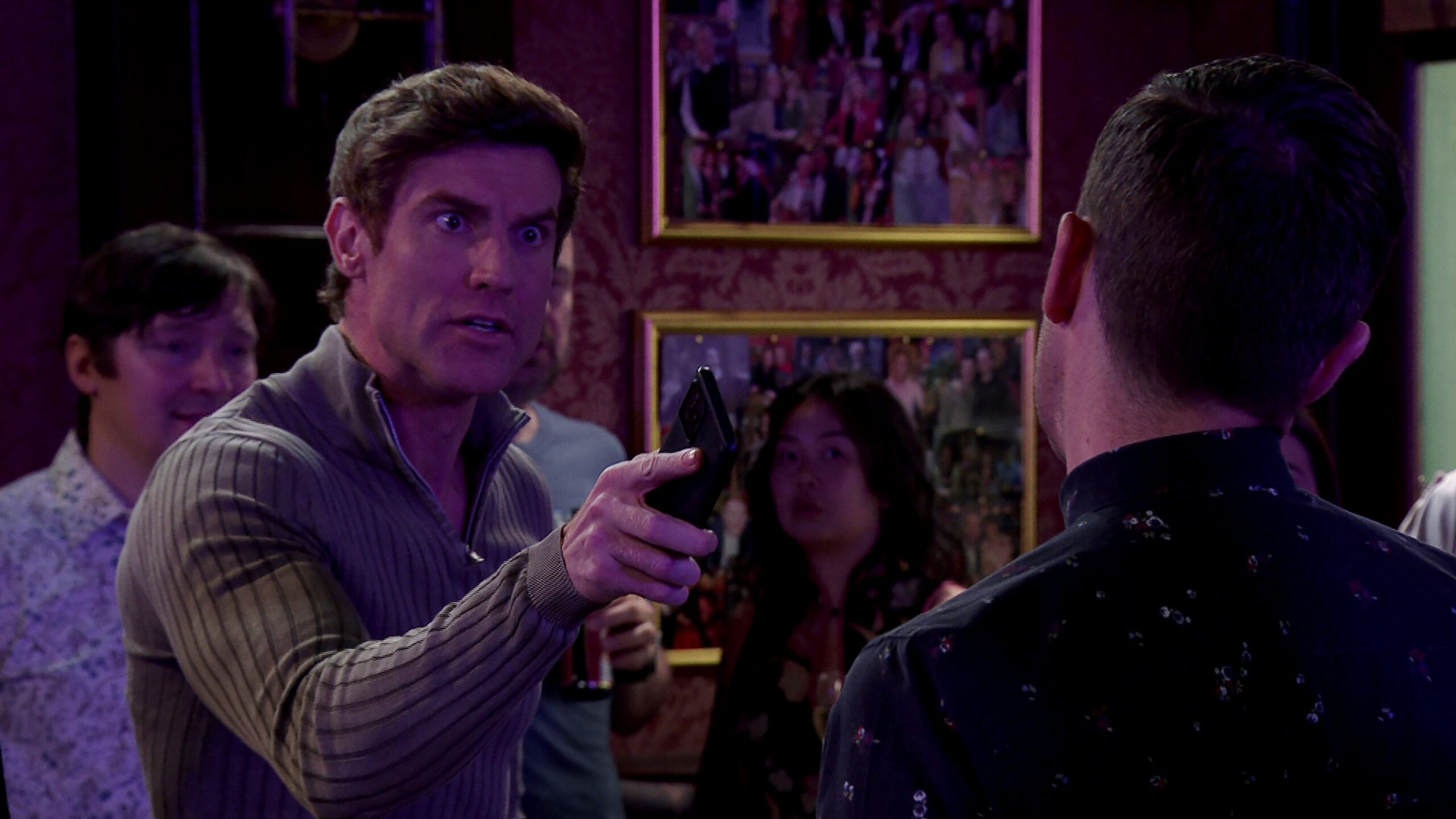 Coronation Street's Theo pointing at Todd