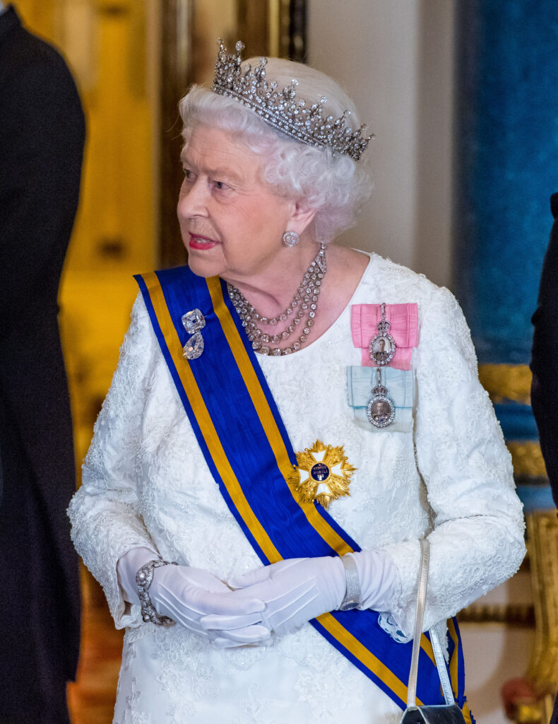 Queen Elizabeth in gown and crown
