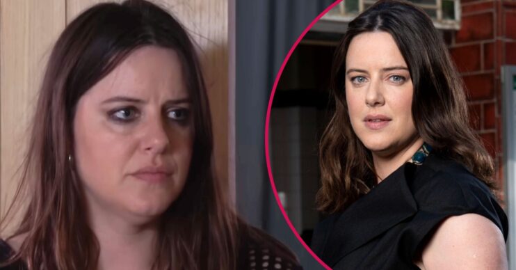 Zoe looks upset on EastEnders; inset, a publicity image of Michelle Ryan as Zoe (Credit: BBC/Composite: ED!)