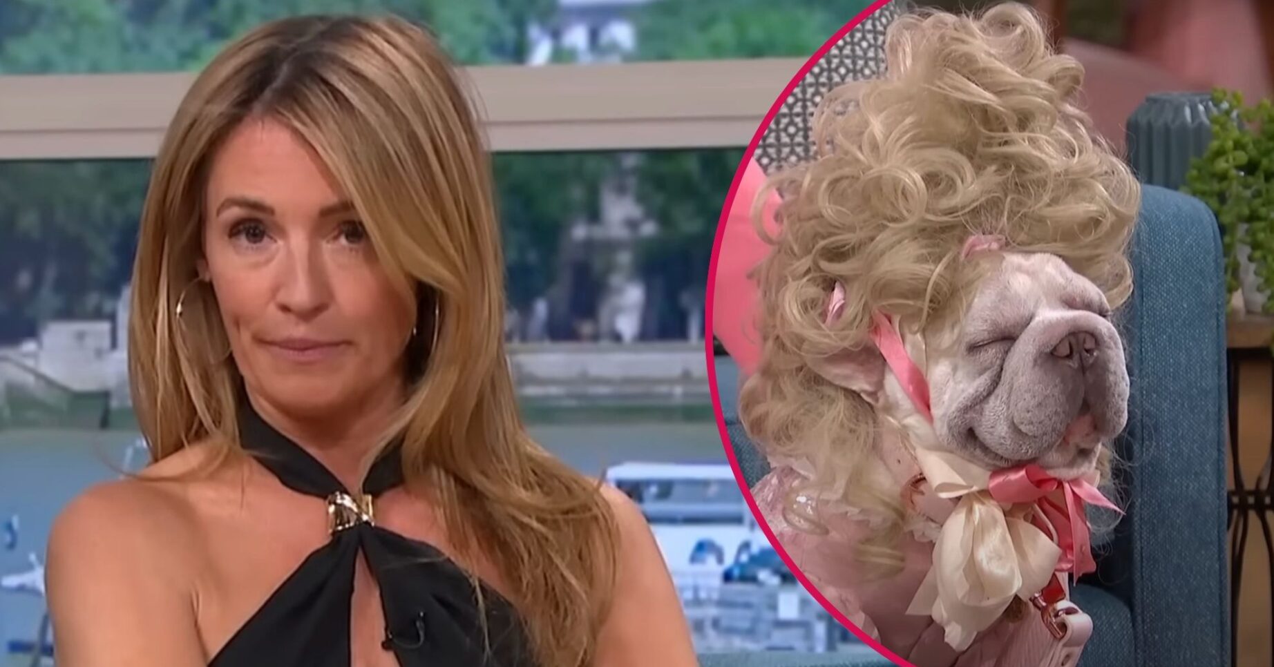 Cat Deeley pulling a face / a dog in a Bridgerton-inspired outift