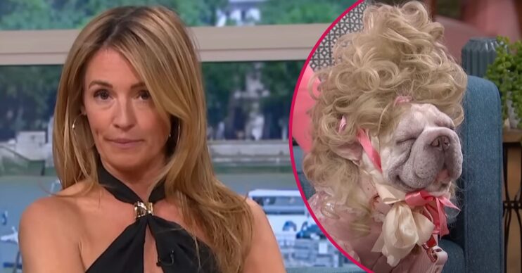 Cat Deeley pulling a face / a dog in a Bridgerton-inspired outift