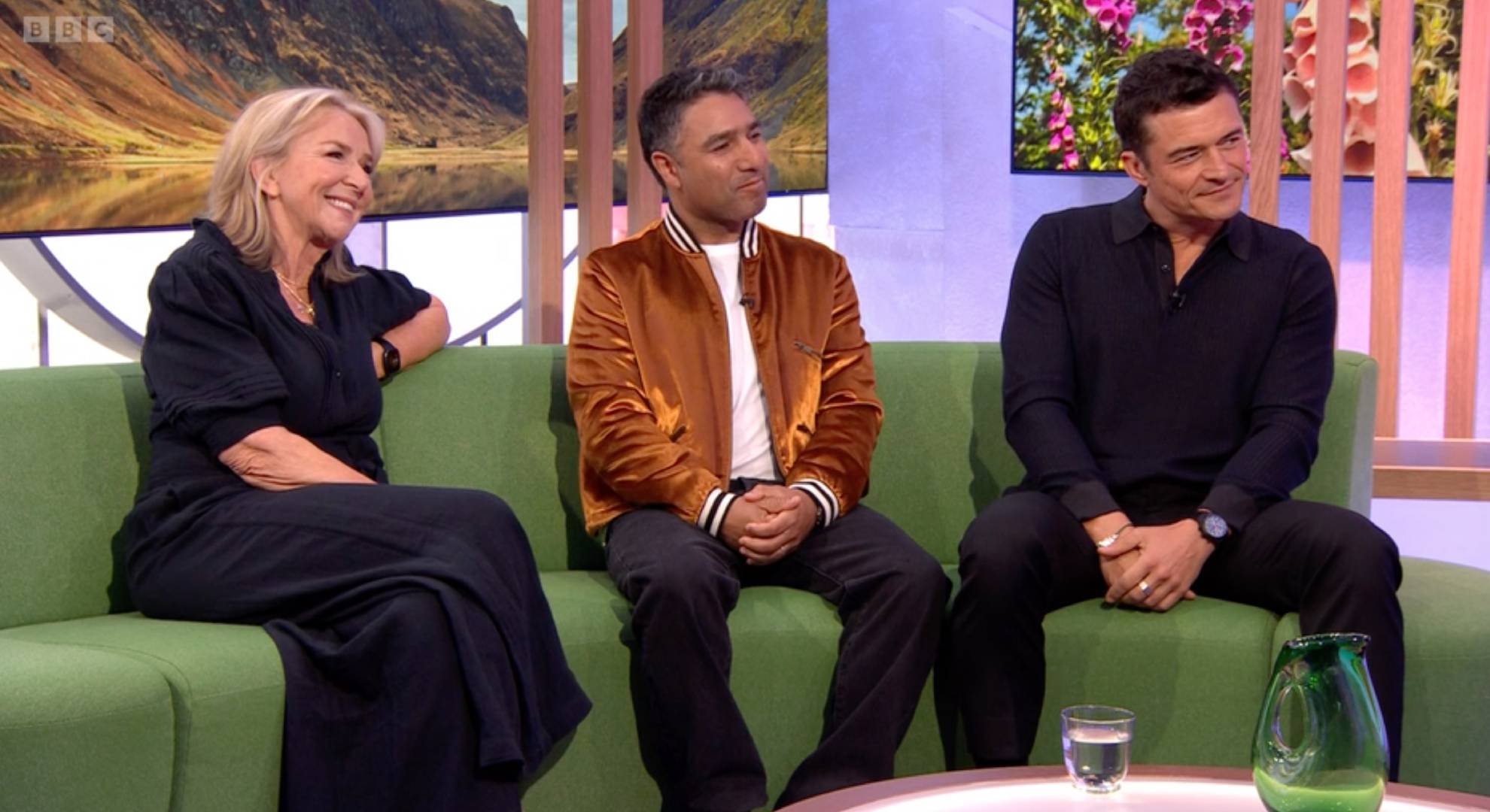 Fern Britton sitting next to Nick Mohammed and Orlando Bloom on The One Show