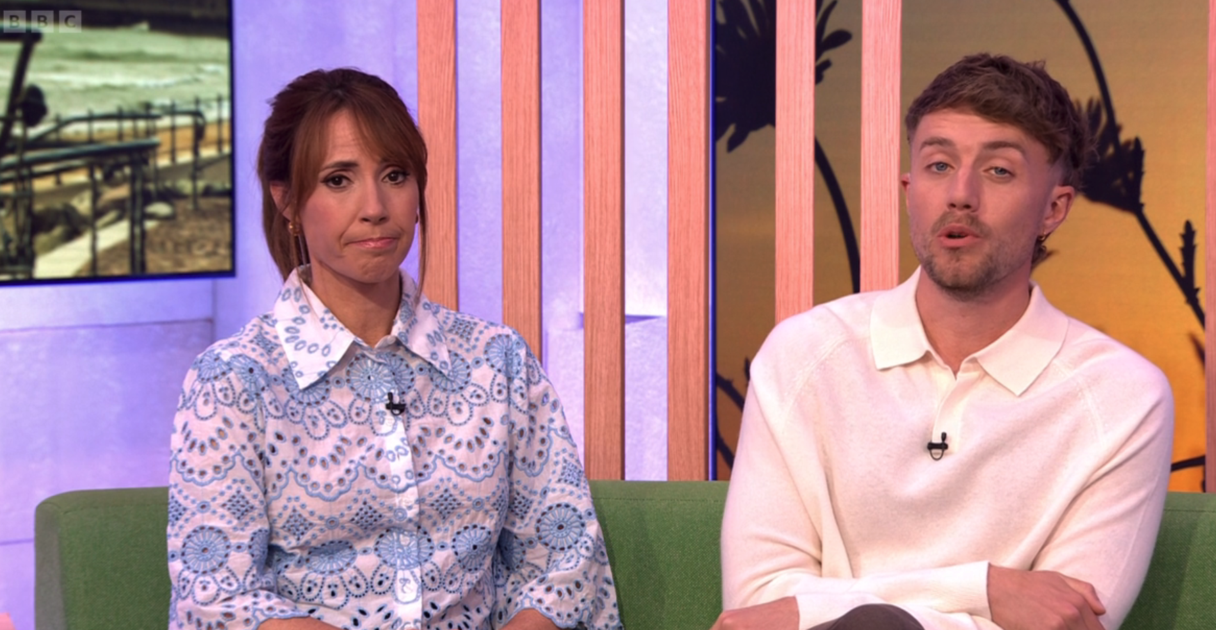 Alex Jones and Roman Kemp looking sad on The One Show