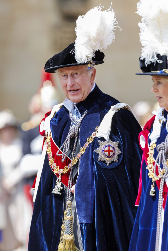 King Charles in robe and hat on Garter Day