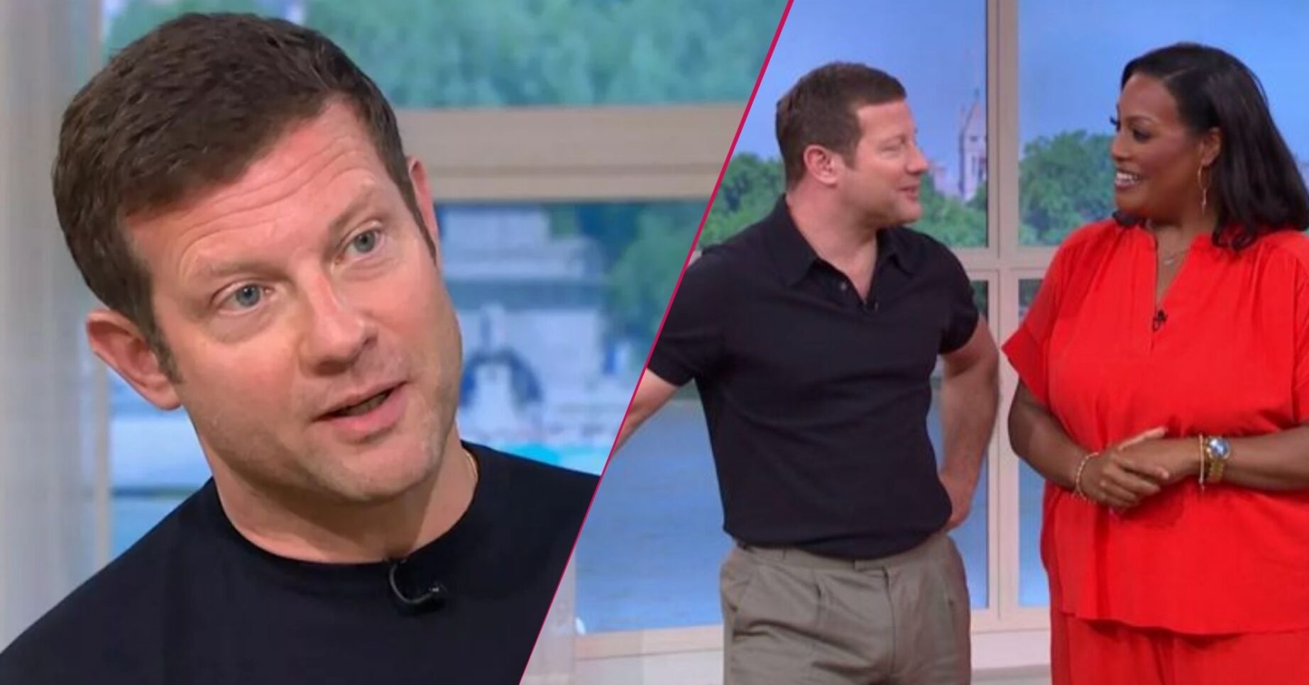 Dermot O'Leary looking in front / Dermot O'Leary and Alison Hammond smiling at each other