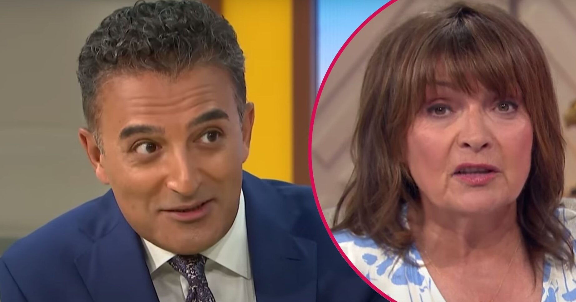 Adil Ray is wide-eyed, Lorraine looks serious