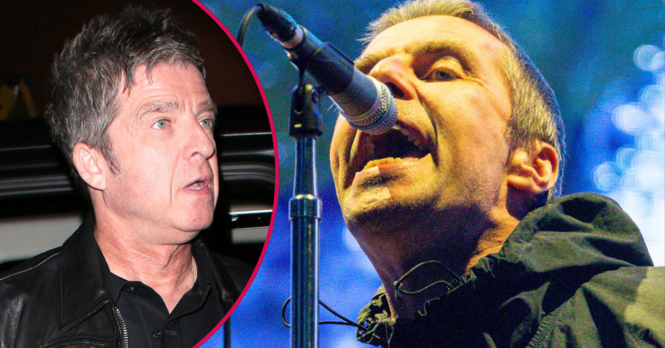Noel Gallagher looks concerned, Liam Gallagher sings