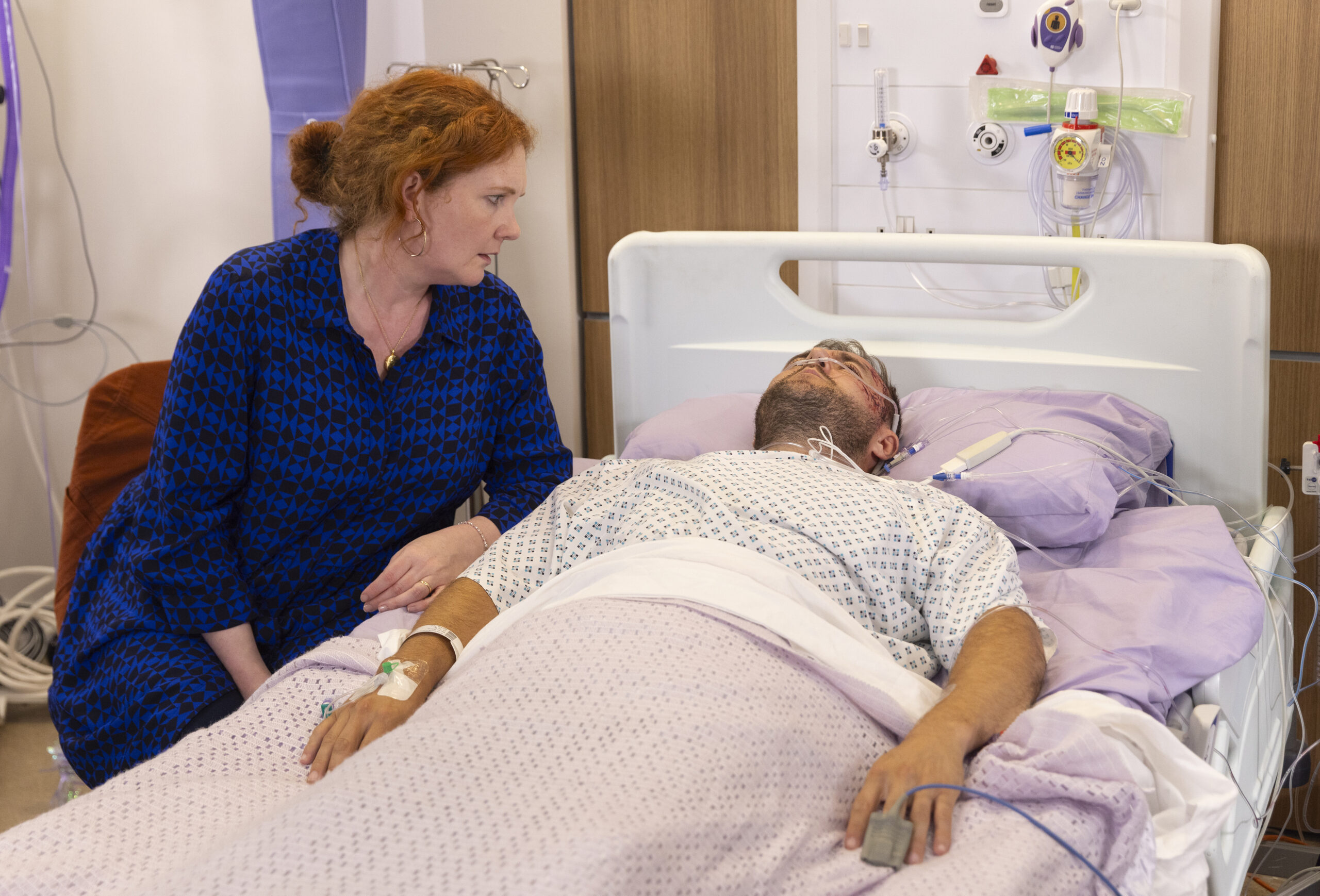 Coronation Street's Fiz next to Tyrone's hospital bedside