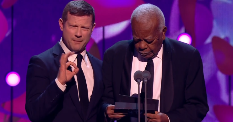 Dermot O'Leary and Trevor McDonald on the stage at NTAs