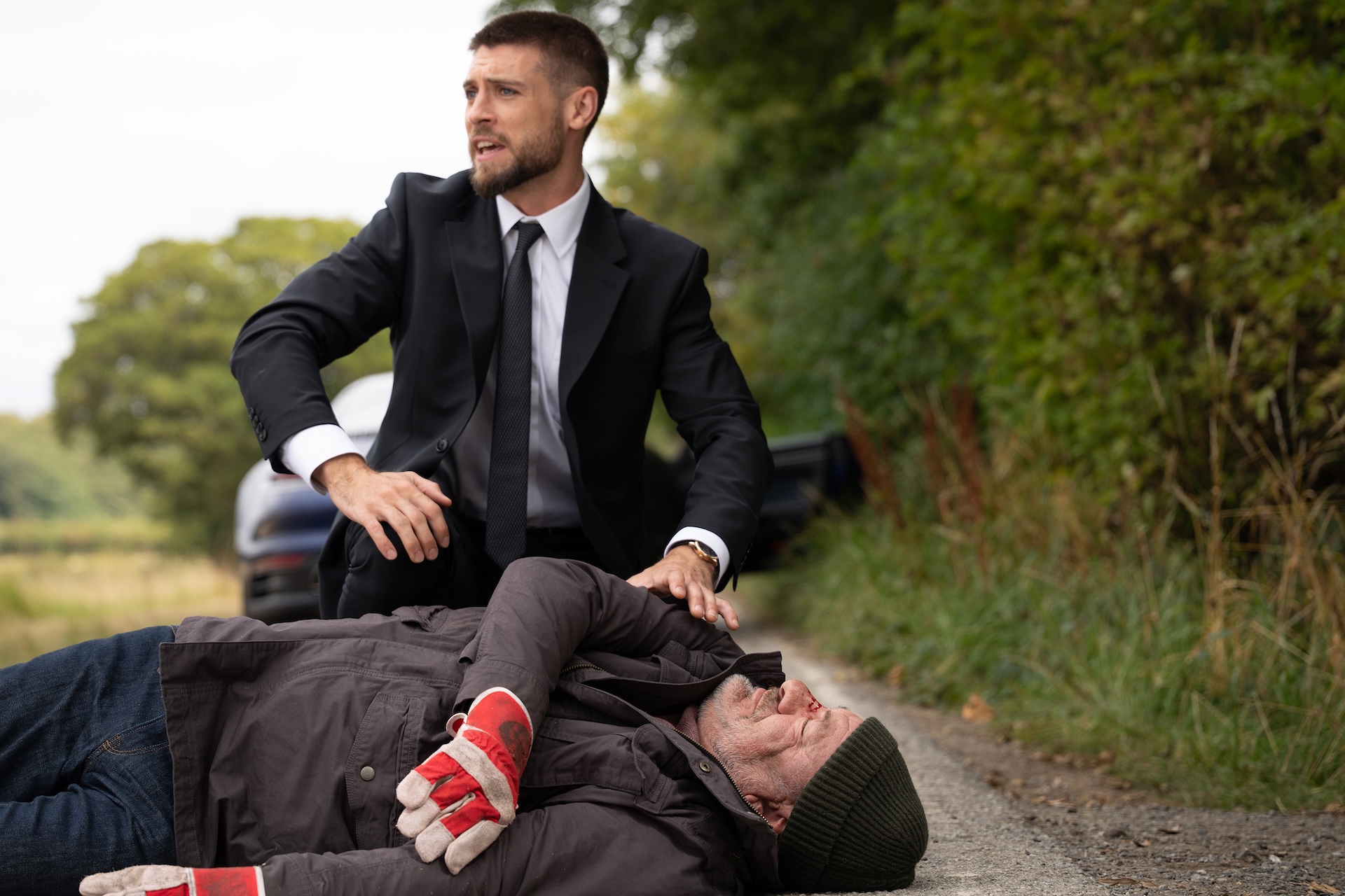 Joe looks worried after he runs over Jimmy