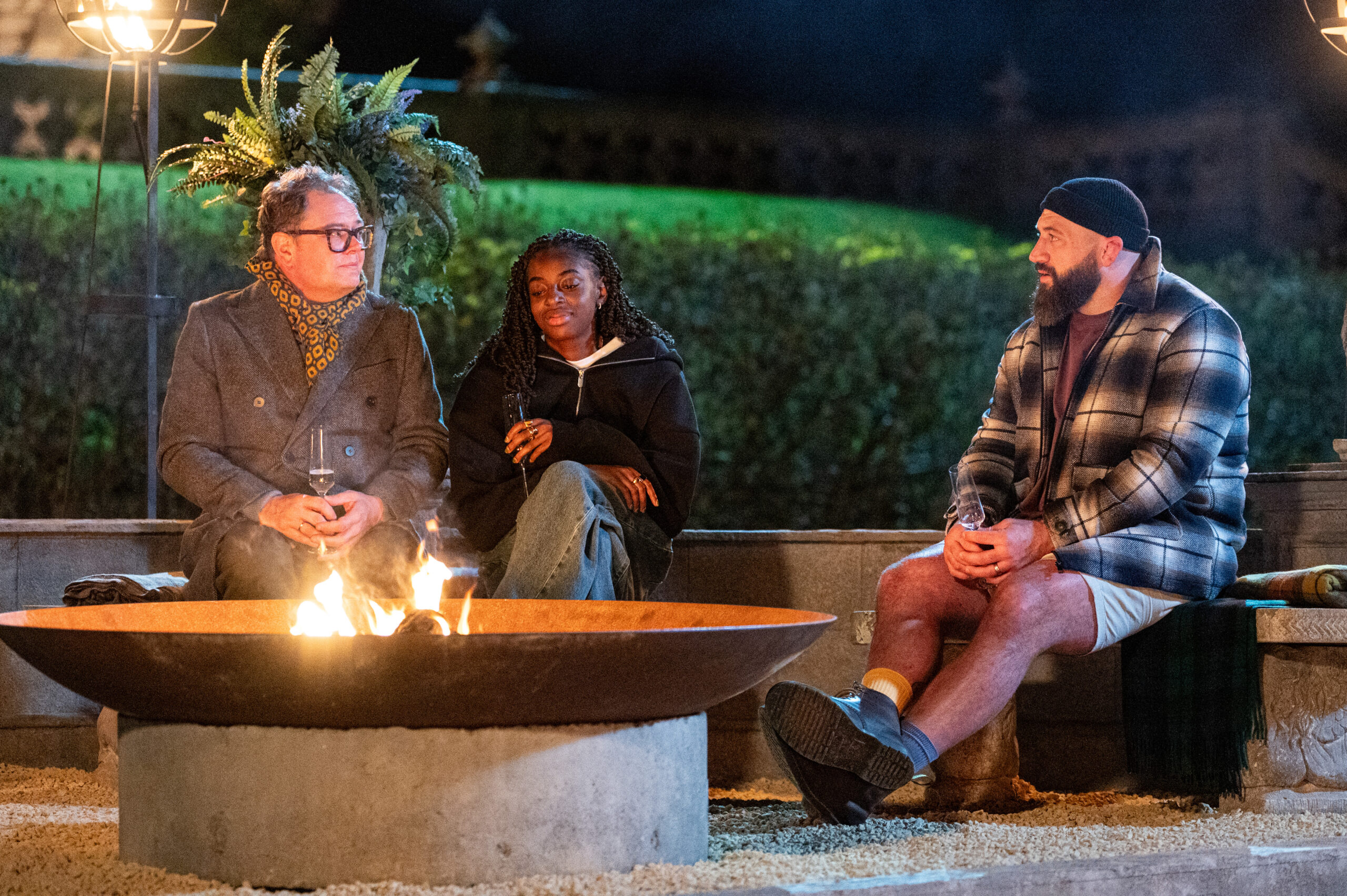 Alan Carr and Cat Burns and Joe Marler on Celebrity Traitors