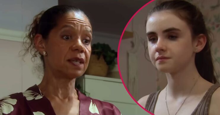 Celia looks angry in Emmerdale; inset, April's scared (Credit: ITV/Composite: ED!)