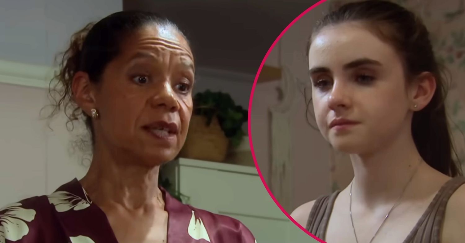 Celia looks angry in Emmerdale; inset, April's scared (Credit: ITV/Composite: ED!)
