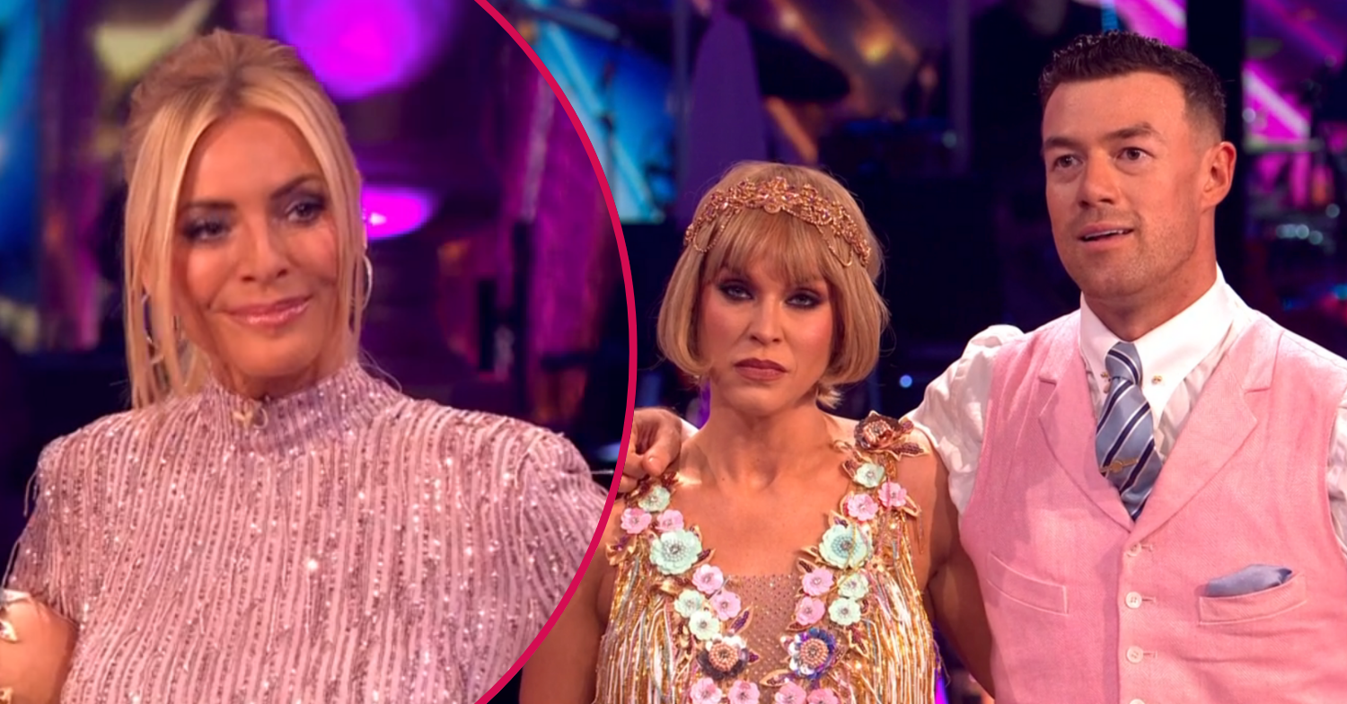 Tess Daly inset and Vicky Pattison and Kai Widdrington on Strictly
