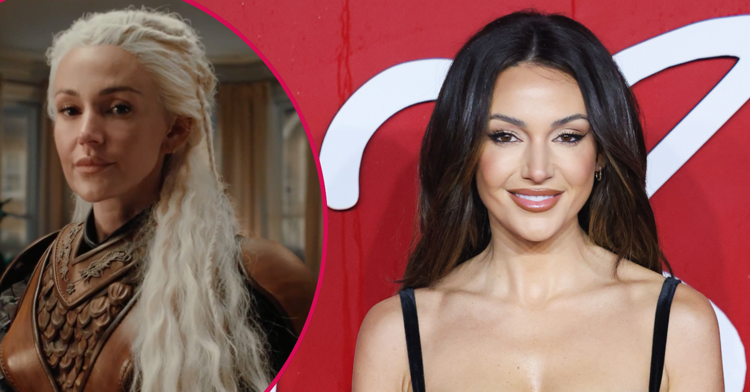Michelle Keegan brunette smiling and with blonde hair