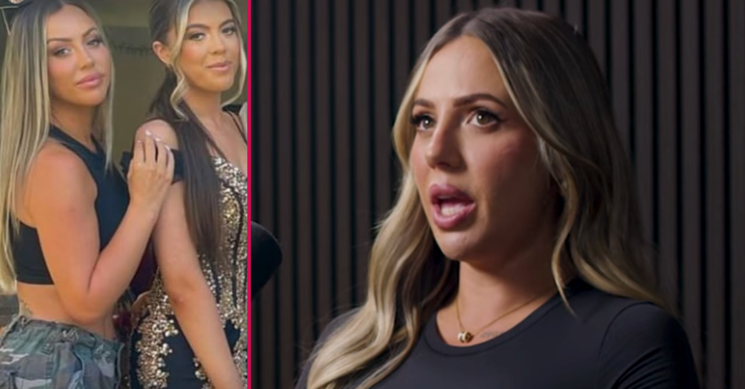 Holly Hagan on a podcast and with her sister