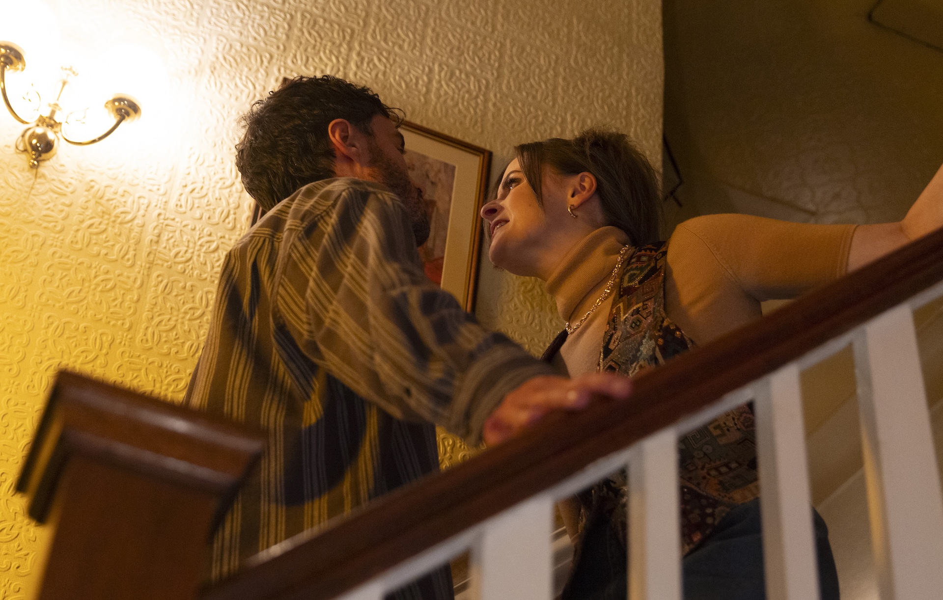 Coronation Street's Maggie shouting at Alan on stairs