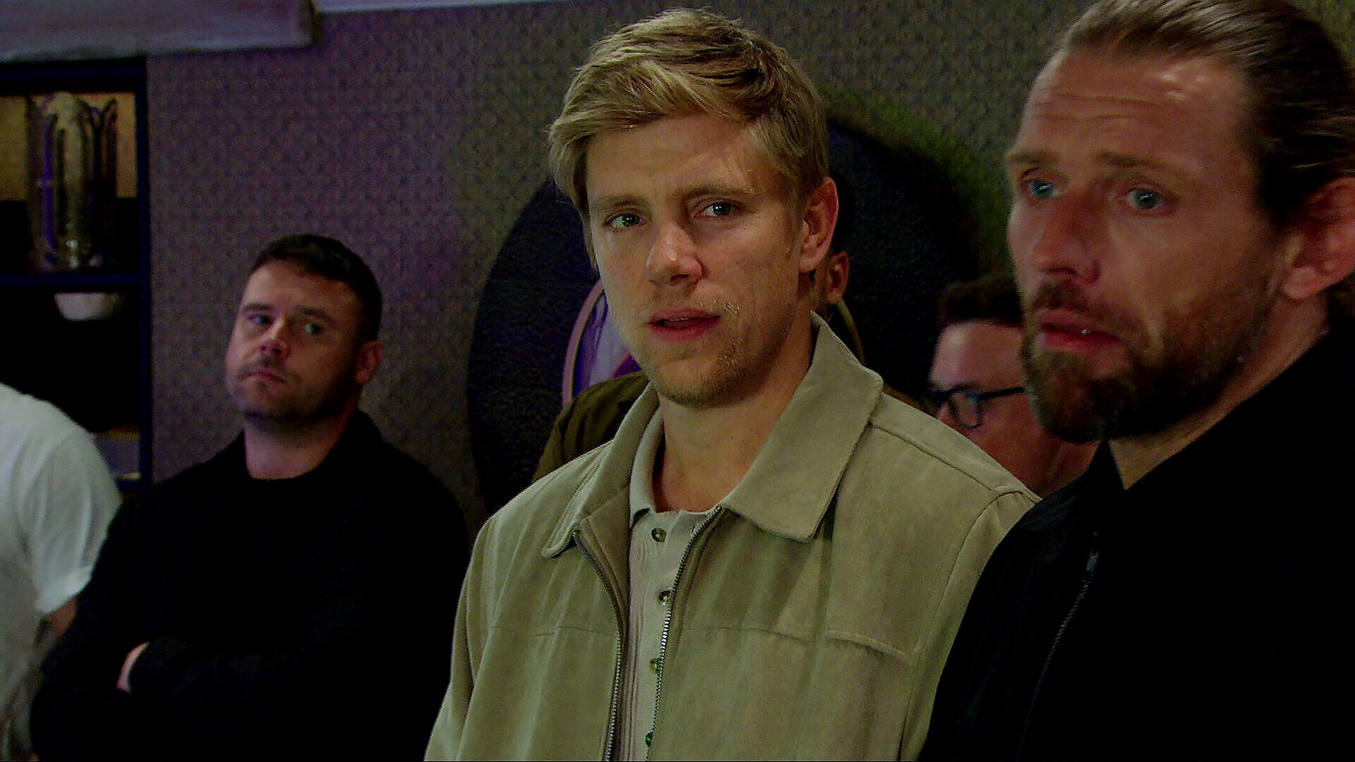 Aaron watches Robert and Kev in Emmerdale (Credit: ITV)