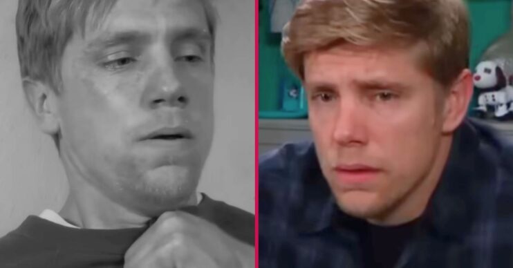 Composite image of Robert on Emmerdale; looking traumatised, and in black and white (Credit: BBC/Composite: ED!)