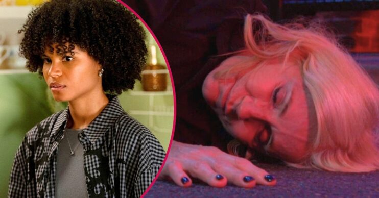 Cindy unconscious on EastEnders; inset, Jasmine looks suspicious (Credit: BBC/Composite: EI)