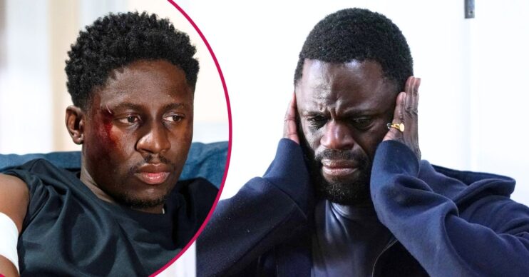 Kojo looks scared on EastEnders; inset, Okie looks menacing (Credit: BBC/Composite: ED!)