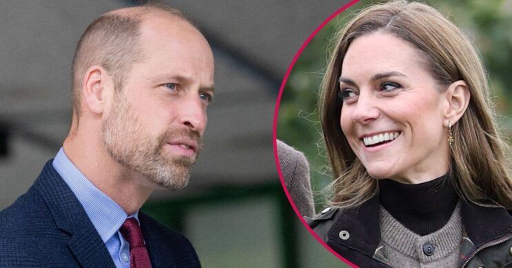 ED composite of Prince William looking serious and Kate Middleton smiling during royal engagement